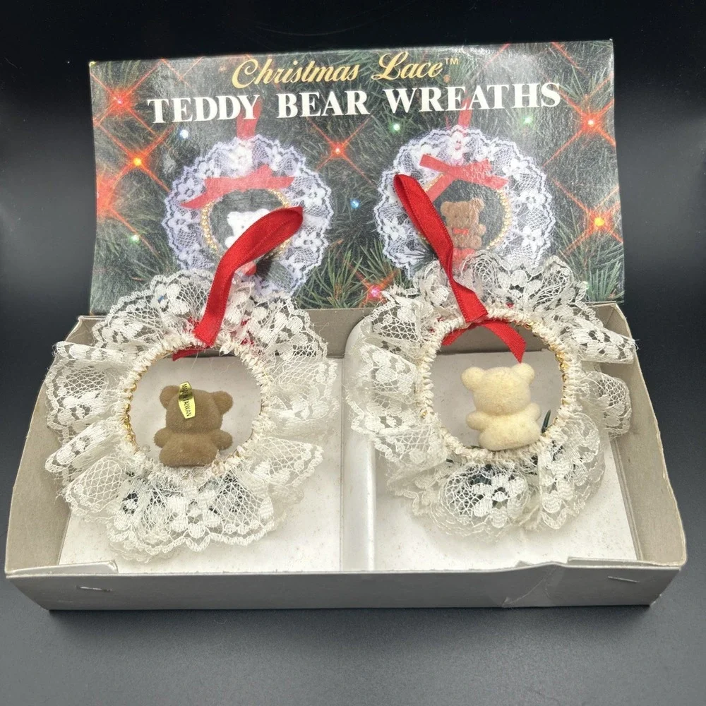 Christmas Lace Teddy Bear Wreaths Set of 2 Tree Ornaments Decoration Vintage